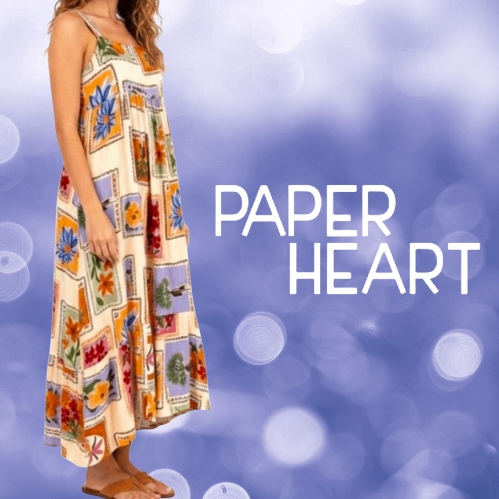 Paper Heart Womens Postage Stamp Print Linen Blend Maxi Dress Vacation Resort XL